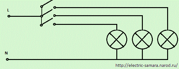 схема подключения трёхклавишного выключателя
